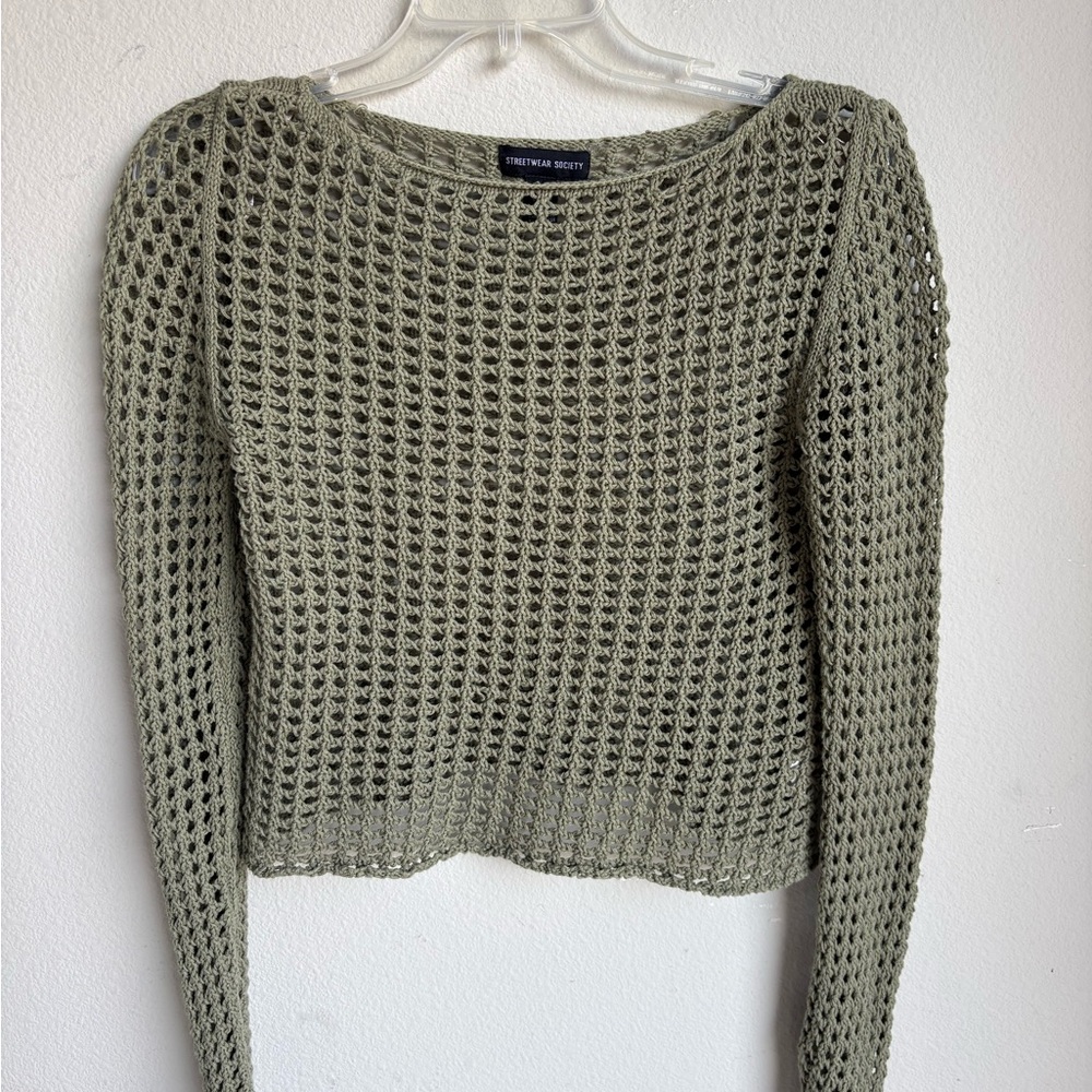 Streetwear Society Sage Green Open-Knit Sweater